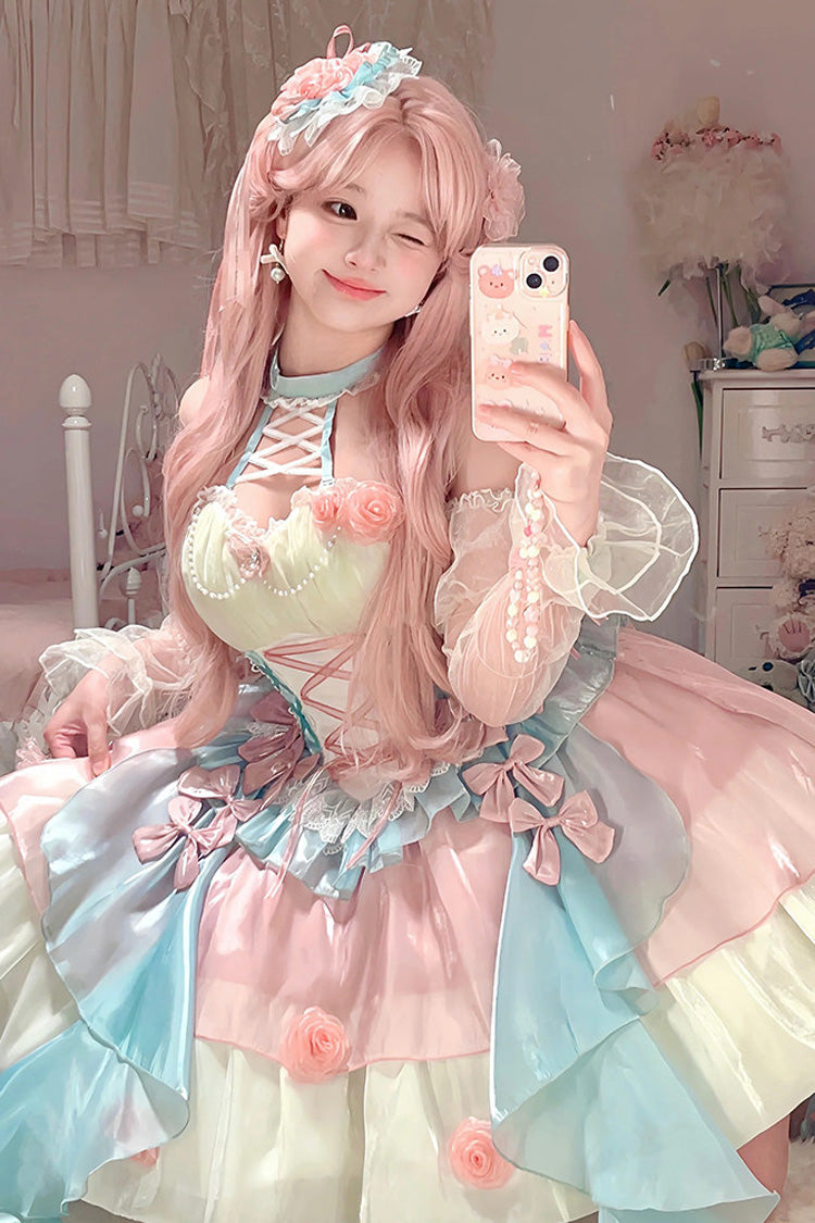 Pink/Blue [Camellia Covenant] Halterneck Ruffled Bow Lace Lace-Up Sweet Lolita Jsk Dress - Product - 4