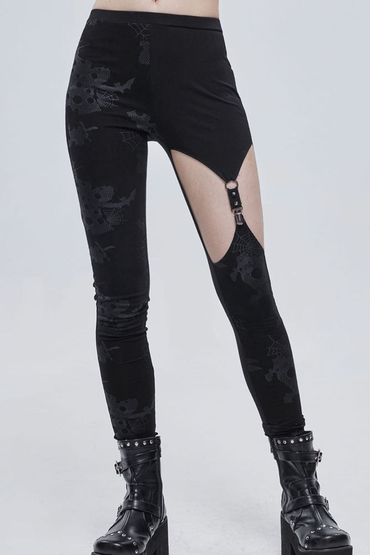 Black Gothic Ripped Spider Web Print Asymmetric Belt Buckle Decoration Women's Leggings - Product - 2