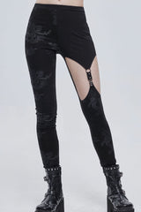 Black Gothic Ripped Spider Web Print Asymmetric Belt Buckle Decoration Women's Leggings - Product - 2