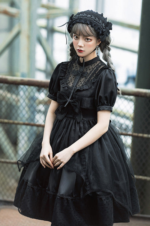 Black Elegant Round Collar Bowknot Short Sleeves High Waisted Gothic Lolita OP Dress - Product - 2