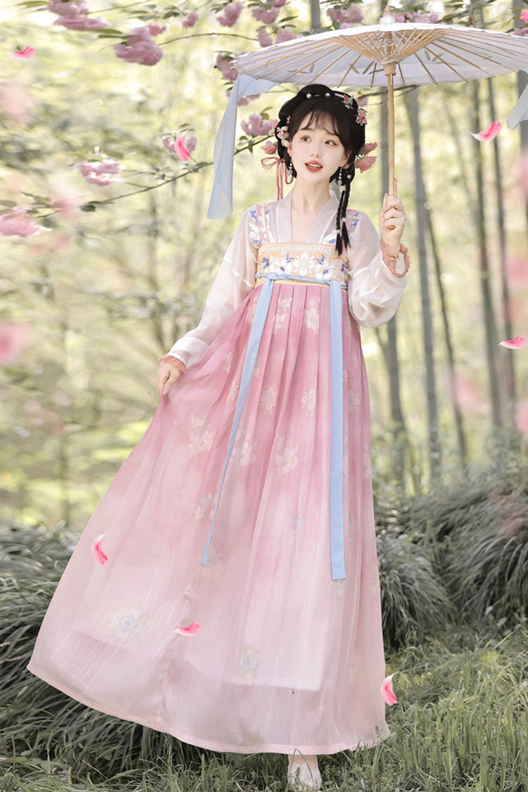 Pink Long Sleeves Tang-Style Qixiong Ruqun Printed Lace Sweet Hanfu Dress Set - Product - 2