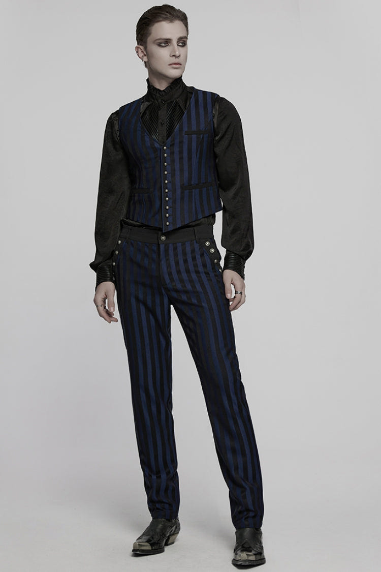 Black/Blue High Waisted Striped Print Men's Gothic Suit Pants - Product - 4