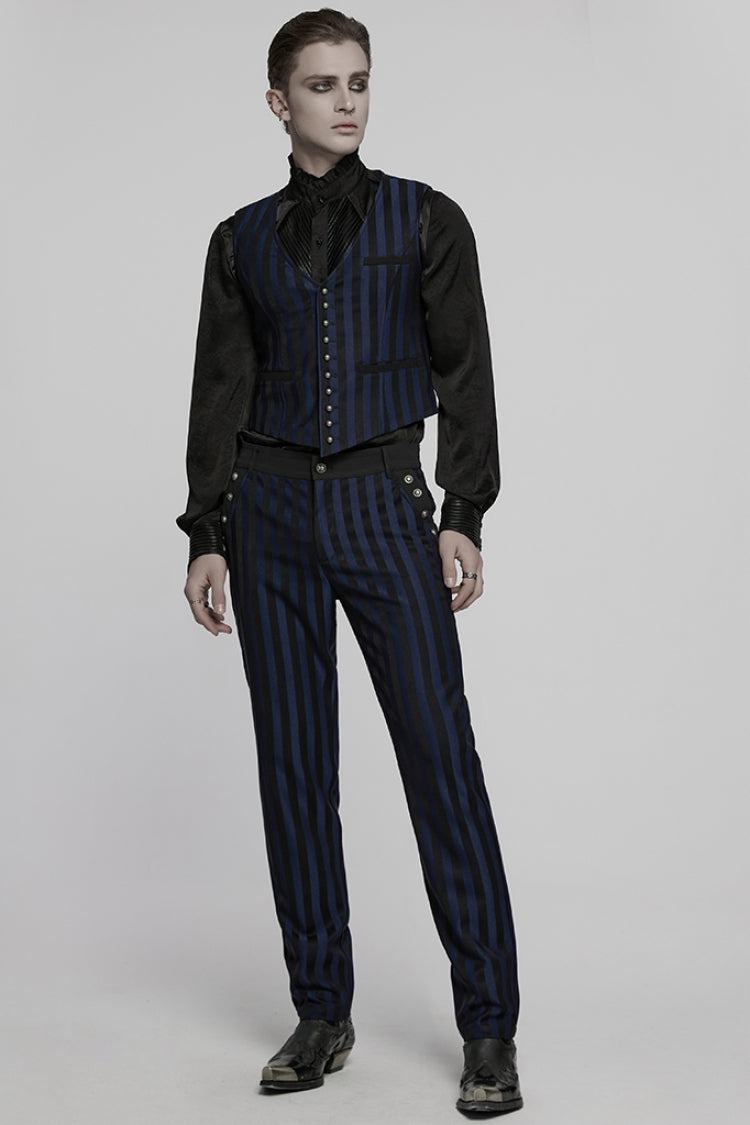 Black/Blue High Waisted Striped Print Men's Gothic Suit Pants - Product - 4