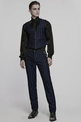 Black/Blue High Waisted Striped Print Men's Gothic Suit Pants - Product - 4