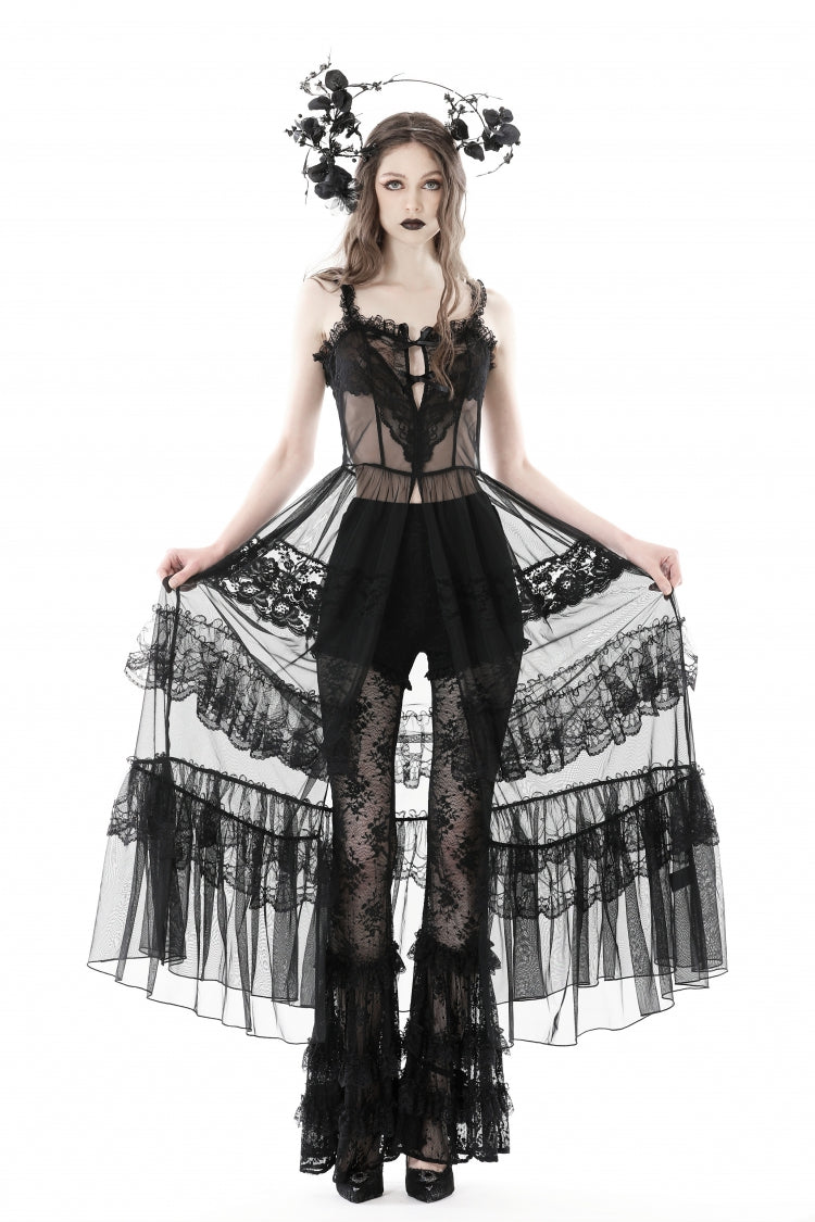 Black Sleeveless Hearted Multi-Layered Lace Split Sheer Mesh Women's Gothic Maxi Slip Dress - Product - 2