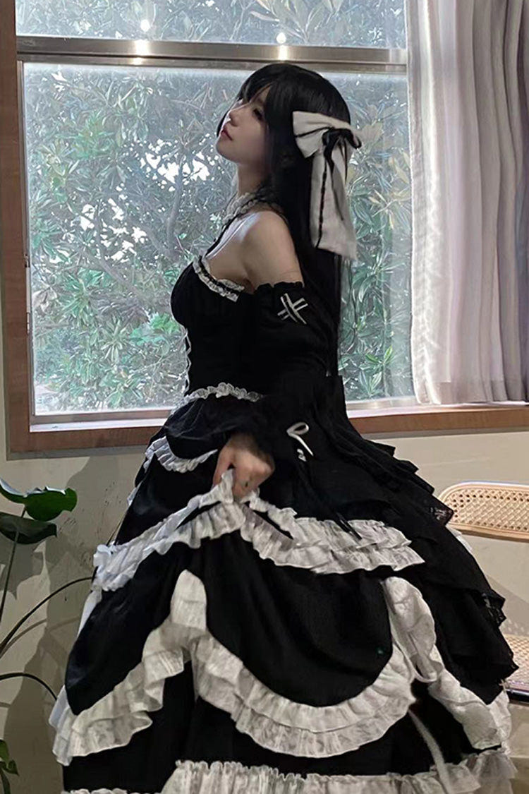 Black Cross Halterneck Ruffle Bowknot Lace Lace-Up Princess Gothic Lolita Dress - Product - 4