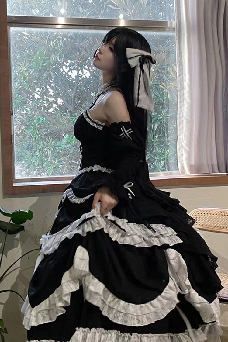 Black Cross Halterneck Ruffle Bowknot Lace Lace-Up Princess Gothic Lolita Dress - Product - 4