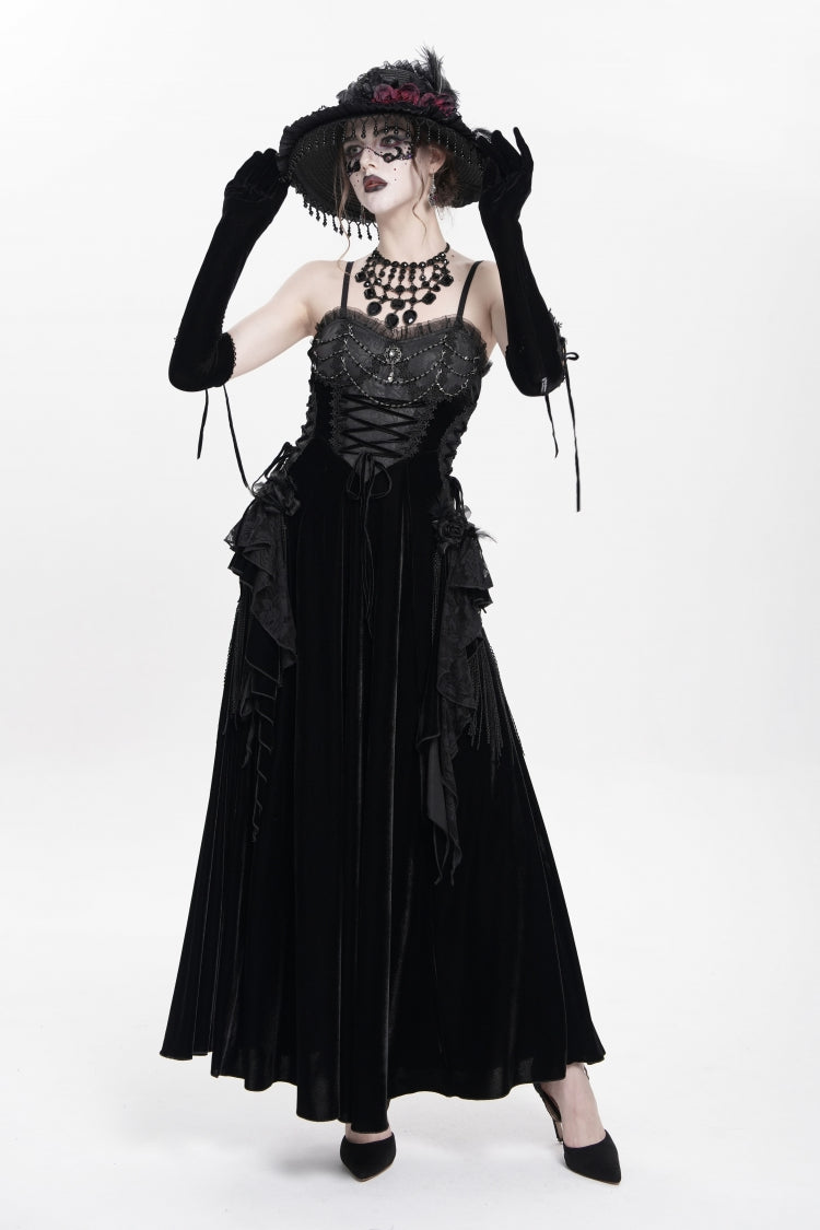 Black Sleeveless Ruffle Lace-Up Plumed Women's Gothic Long Slip Dress - Product - 5