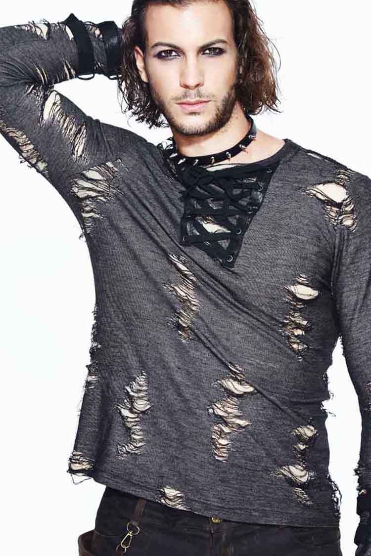Black Long Sleeves Broken Holes Chest Lace Up Loop Cuff Men's Punk Shirt - Product - 2