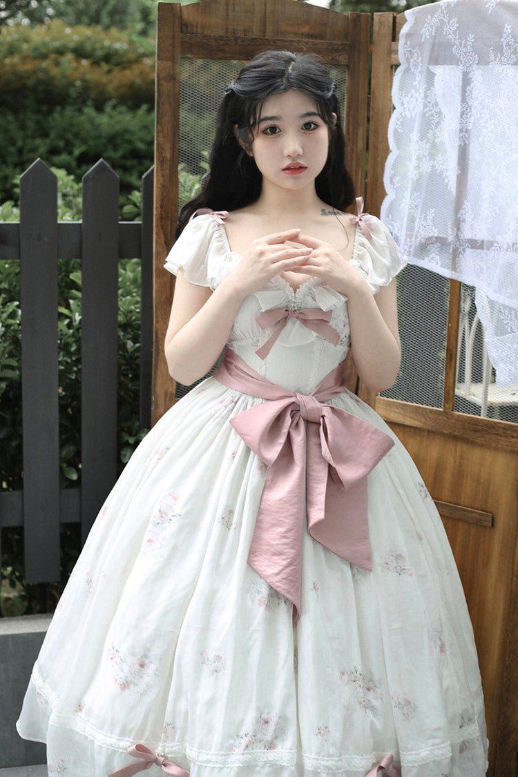Rose Elegant Short Sleeves Print Ruffle Bowknot Sweet Plus Size Lolita Dress 2 Colors - Product - 4