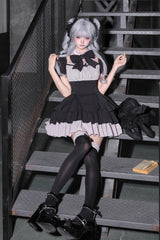 Classic Square Collar Halterneck Short Sleeves Triple-Layered Printed Ruffled Bow Cool Lolita Dress Set 2 Colors(Black, Grey) - Product - 13