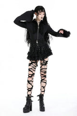 Black Layered Lace Mesh Lace-Up Zippered Women's Punk Mini Skirt - Black - 1