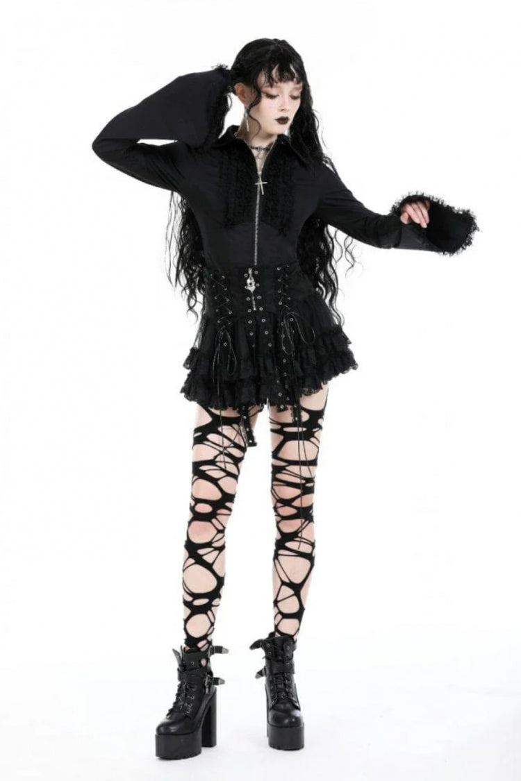 Black Layered Lace Mesh Lace-Up Zippered Women's Punk Mini Skirt - Black - 1