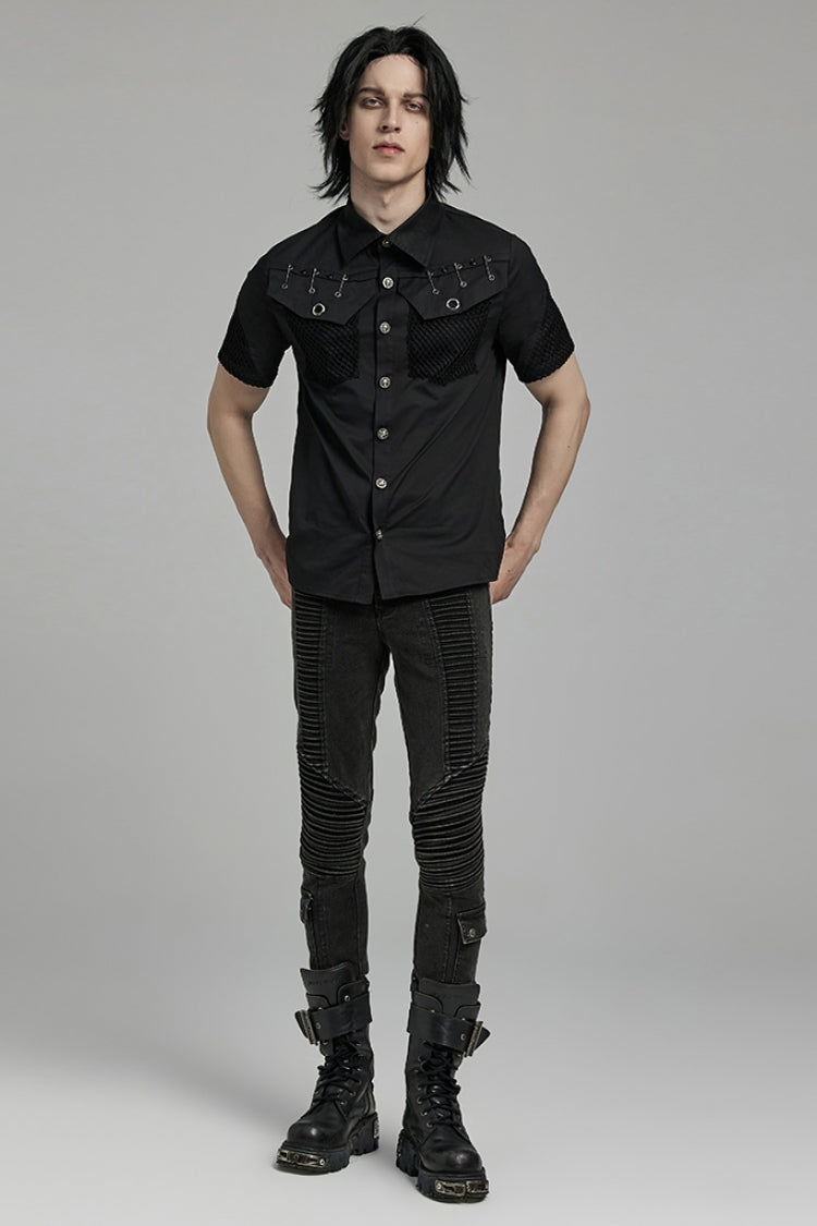 Black Lapel Collar Short Sleeves Mesh Stitching Men's Punk Blouse - Product - 4