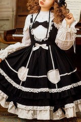 Black Lace Stitching High Waisted Bowknot Ruffled Sweet Lolita Jsk Dress - Product - 1