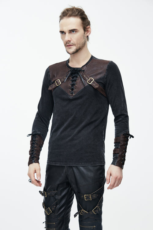 Brown Long Sleeves Designer Mens Punk T-Shirt - Product - 2