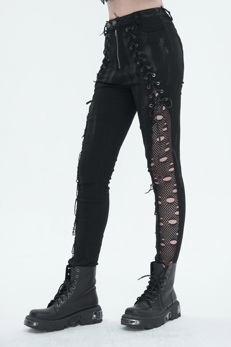 Black Stretch Twill Paneled Mesh Perforated Women's Punk Trousers - Product - 2
