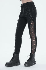 Black Stretch Twill Paneled Mesh Perforated Women's Punk Trousers - Product - 2