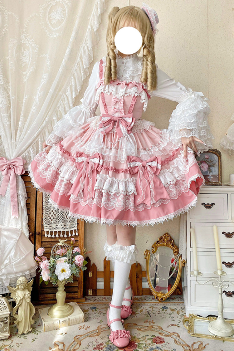 Pink Sleeveless Multi-Layered Ruffle Bowknot Lace Sweet Gorgeous Lolita Doll Jsk Dress - Product - 4