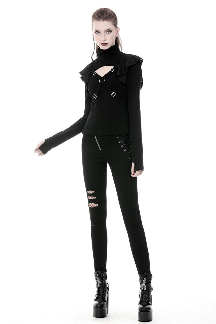 Black Women's Punk Long Sleeves Cut-Out Cross Connection Front Hooded Top - Product - 9