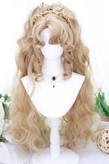 Milk Tea Gold Oil Painting Bangs Sweet Lolita Double Ponytail Wig - Product - 2