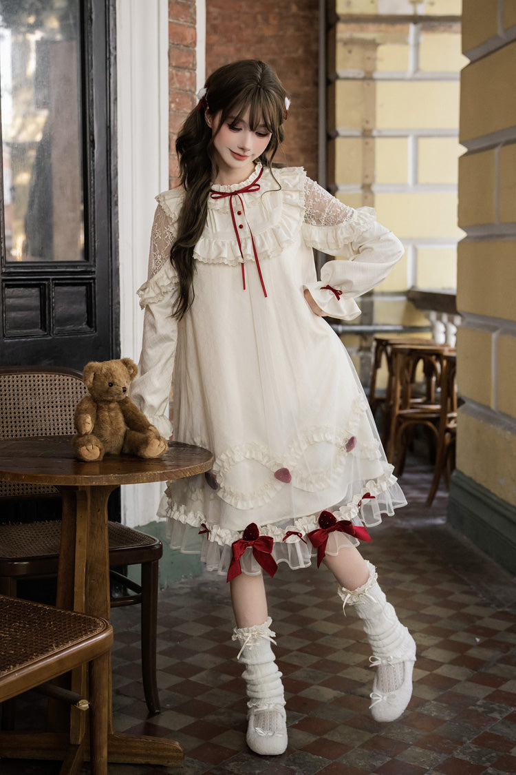 Elfenbein-Erdbeer-Creme-Kuchen-Stehkragen, lange Ärmel, gerüschte Schleife, Spitze, süß (Kleid einzeln), Detailansicht 11