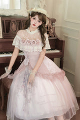 Pink [Rose Poems] Ruffle Embroidery Bowknot Lace Asymmetric Sweet Elegant Lolita Dress Set - Product - 14