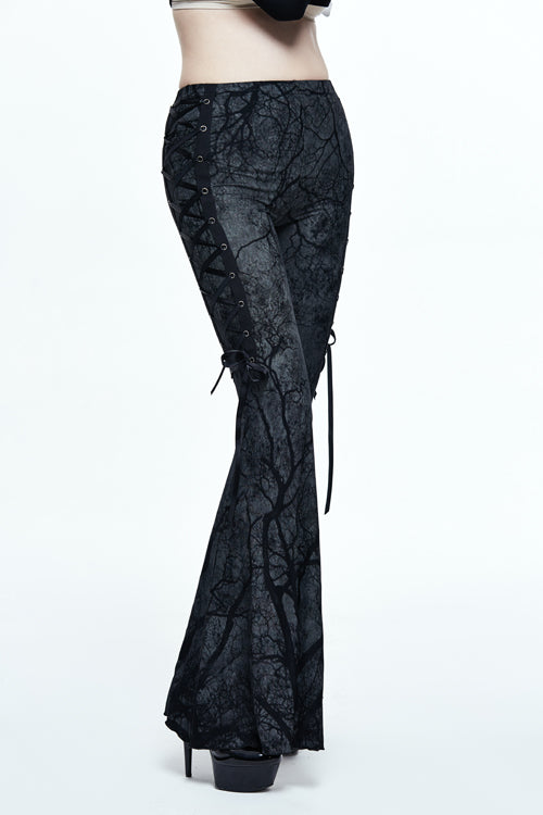 Black Mysterious Forest Gothic Branch Printing Bellbottom Womens Pants - Product - 2