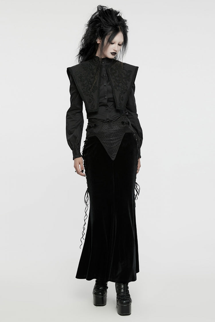 Black Ruffle Rose Embroidery Lace-Up Women's Gothic Fishtailed Skirt - Product - 4