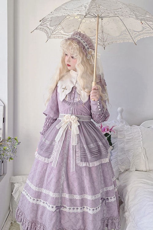 Purple Cross Dark Church Elegant Lace Long Sleeves Ruffled Classic Lolita OP Dress - Product - 3