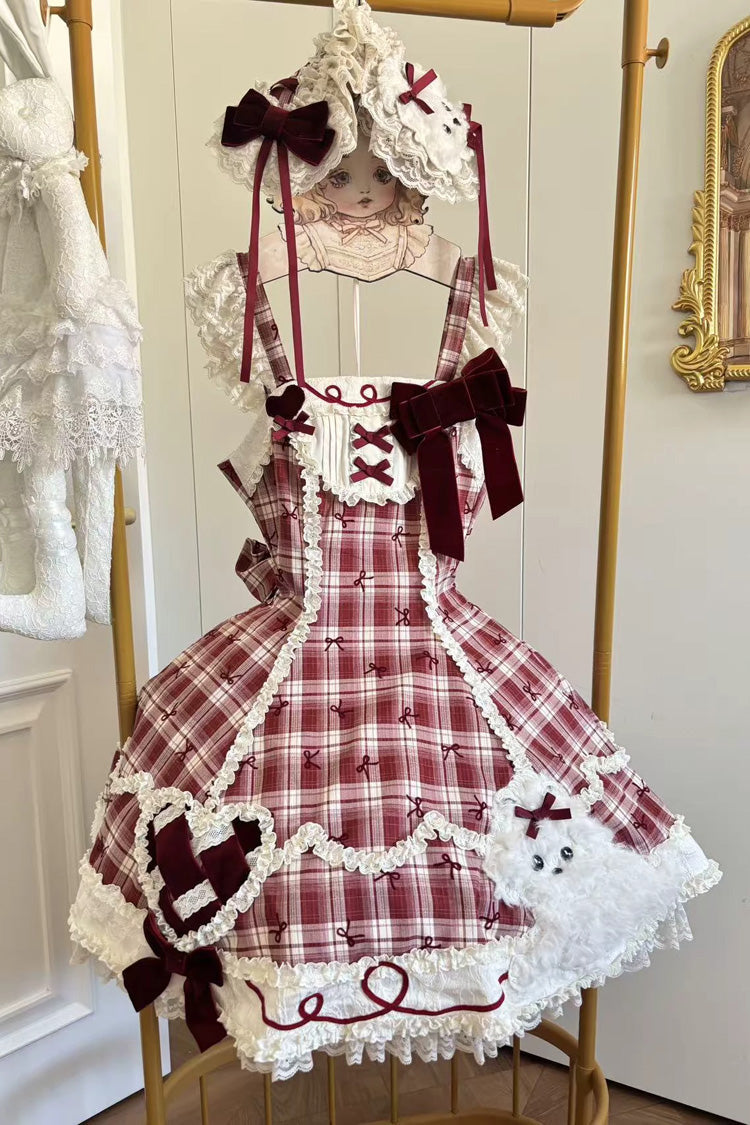 Red Square Collar Sleeveless Plaid Printed Bow Spliced Lace Sweet Lolita Jsk Dress Set - Red(Set) - 1