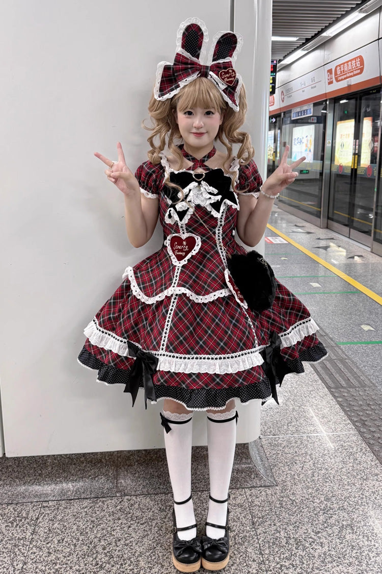 Red [Shibuya Sweetheart] Short Sleeves Plaid Print Ruffle Bowknot Sweet Lolita OP Dress (Plus Size Support) - Product - 2