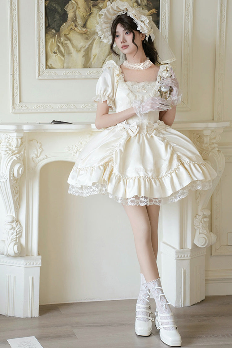 White [Letters and Poems] Square Collar Short Sleeves Ruffle Hanayome Bowknot Sweet Elegant Gorgeous Lolita Dress - Product - 8