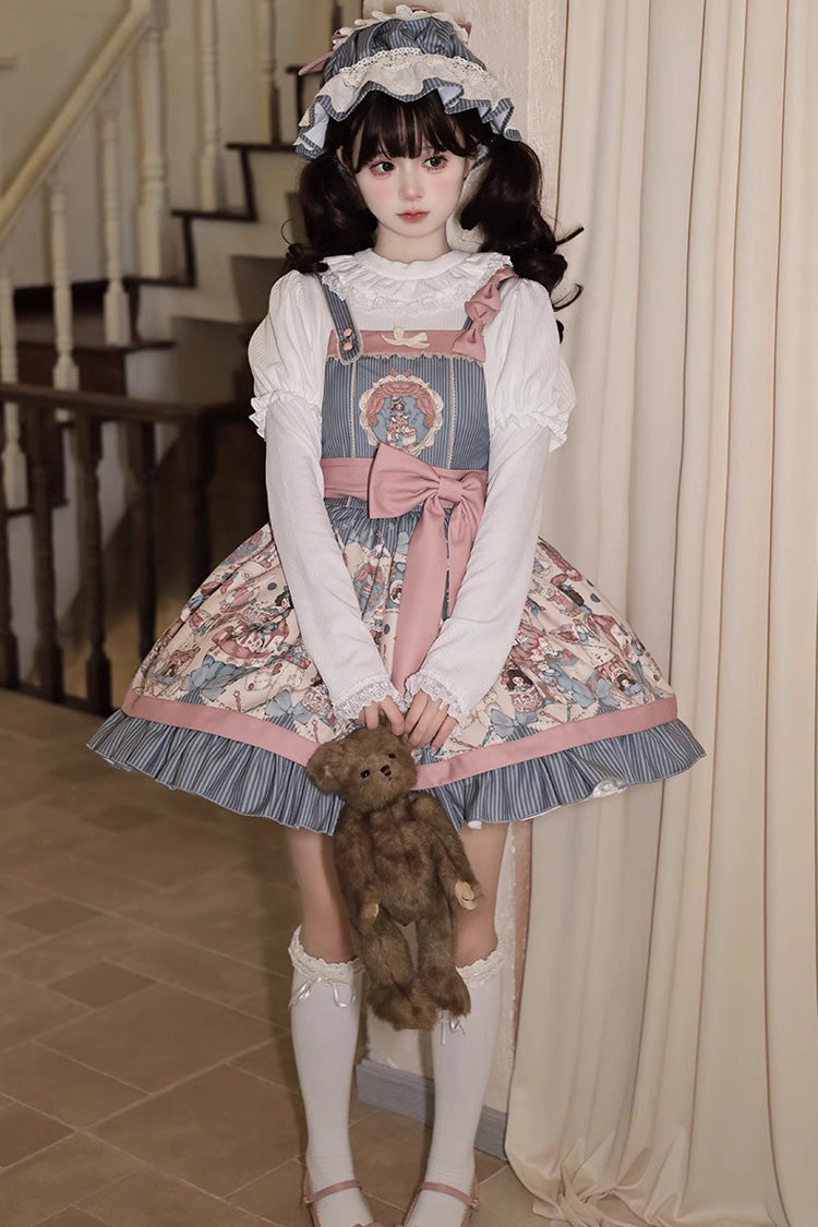Blue Doll Print Ruffle Bowknot Sweet Lolita Strap Dress - Product - 3