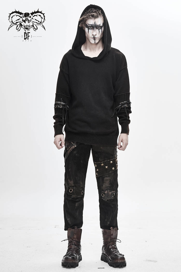 Brown Worn-Out Long Sleeve Elbow Leather Strip Lace-Up Hooded Coarse Knit Men's Punk Sweater - Product - 2