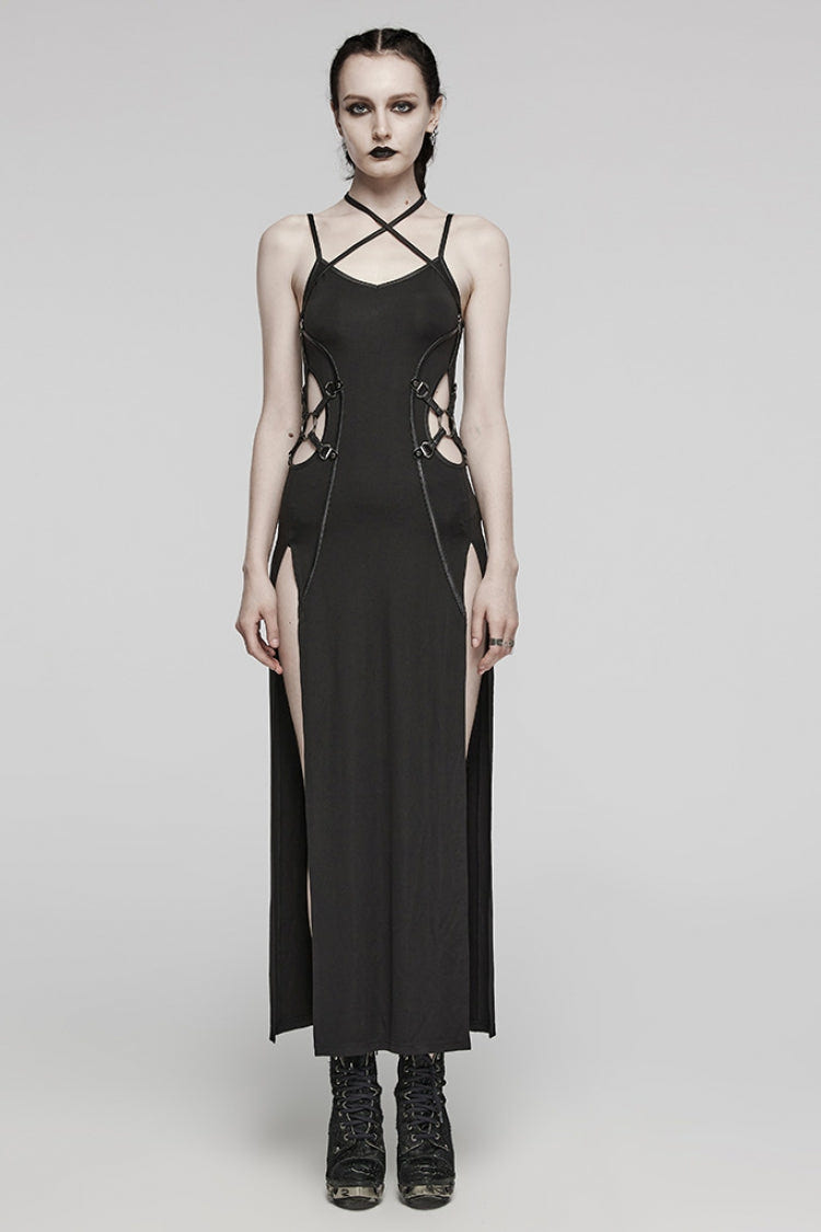 Black Halterneck Lace-Up Ripped Side Slit Women's Punk Dress - Black - 1