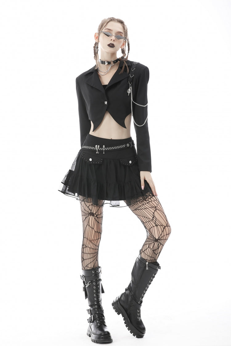 Black Lapel Collar Long Sleeves Chain-Decorated Women's Punk Irregular Short Jacket - Product - 12