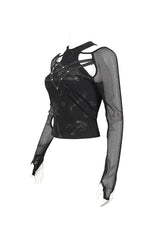 Black Pentagram Leather Striped Long Sleeve Women's Gothic T-Shirt - Product - 7