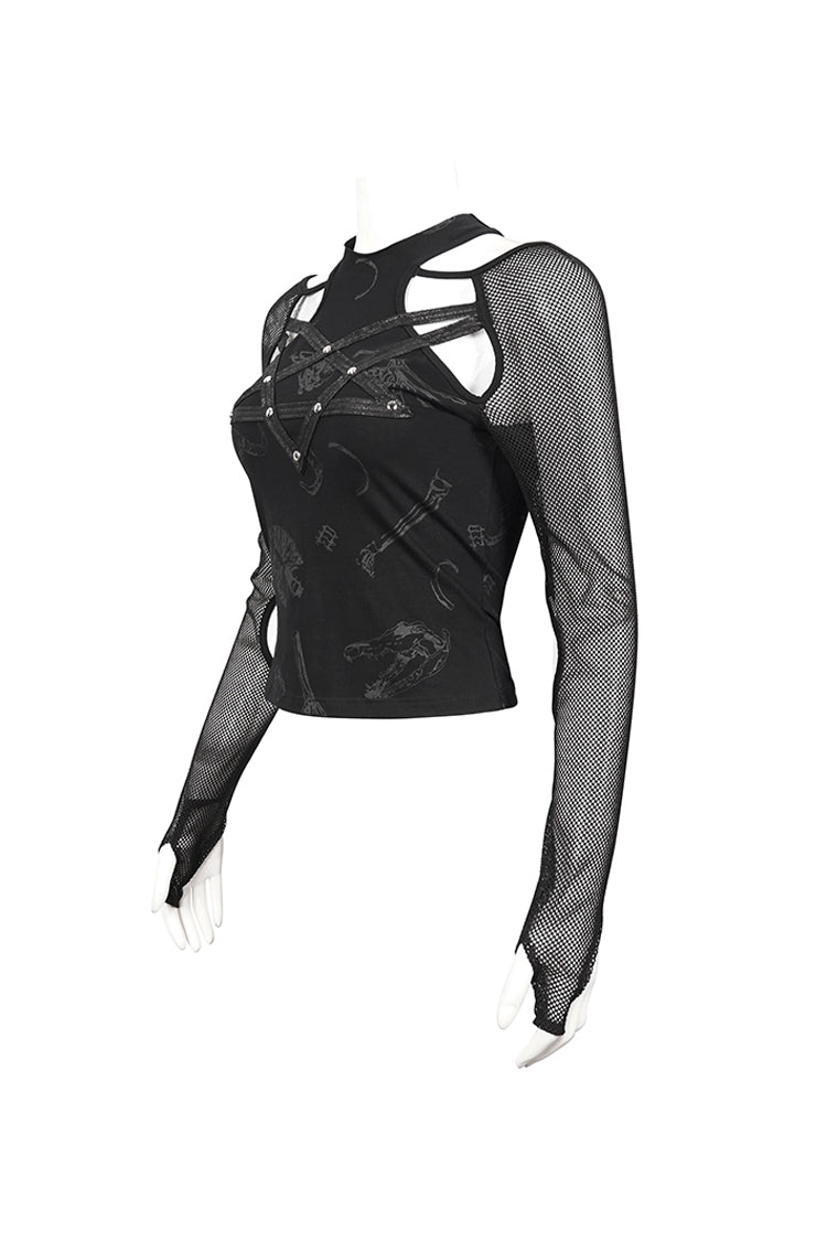 Black Pentagram Leather Striped Long Sleeve Women's Gothic T-Shirt - Product - 7