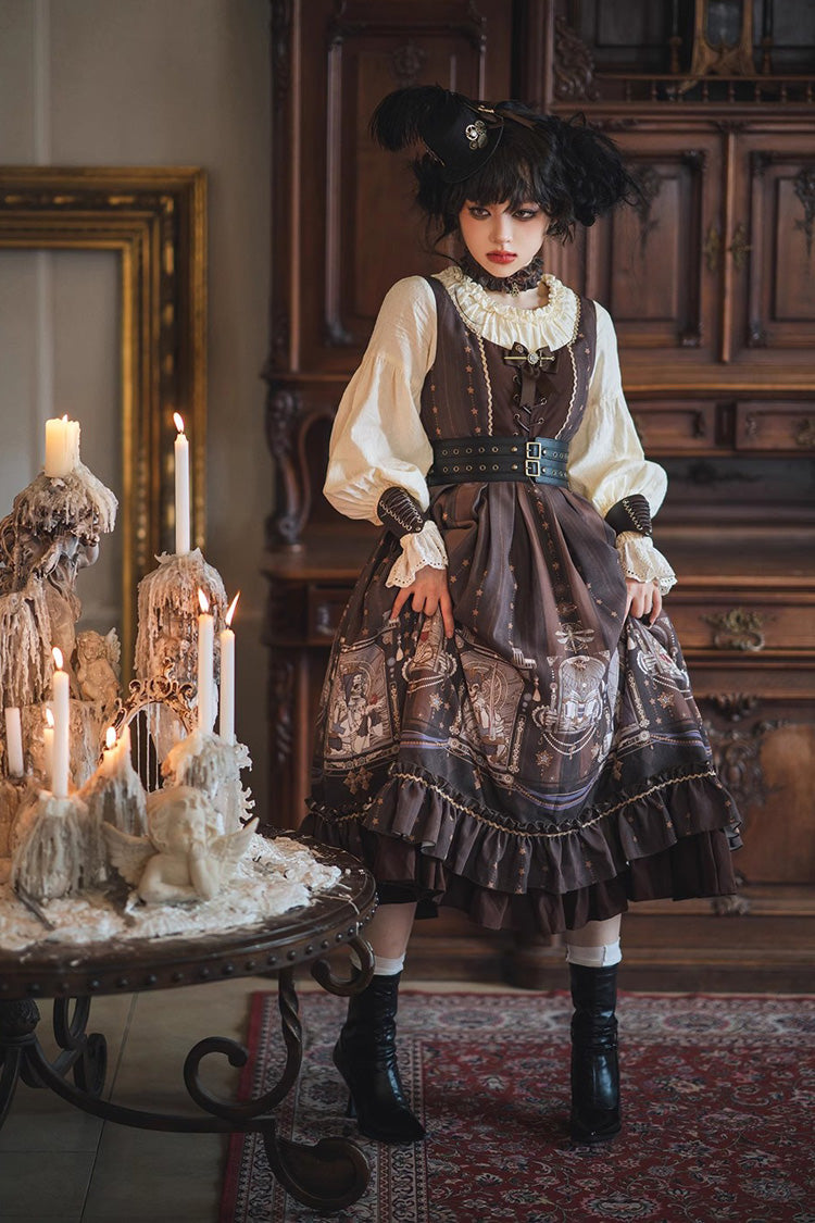 Demon Hunting Notes Long Lantern Sleeves Print Ruffle Sweet Elegant Lolita Dress 2 Colors - Brown - 10