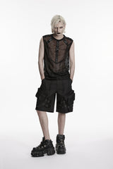 Black Round Collar Sleeveless Cut-Out Mesh Buckled Eyelet Men's Punk Vest - Product - 6