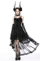 Black Sleeveless Irregular High Low Multi-Layered Lace Lace-Up Women's Gothic Slip Dress - Black - 1