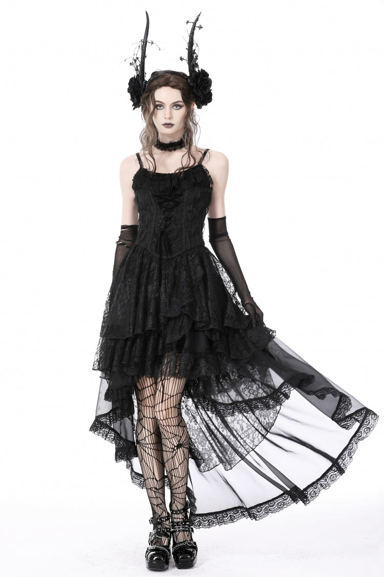Black Sleeveless Irregular High Low Multi-Layered Lace Lace-Up Women's Gothic Slip Dress - Black - 1