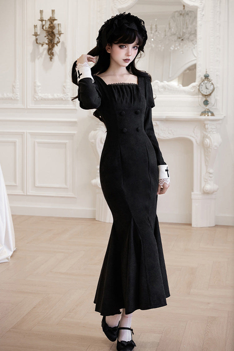 Black/White [Rose Doll] Square Collar Long Sleeves Bowknot Lace-Up Gothic Lolita Dress Set 2 Versions - Product - 16