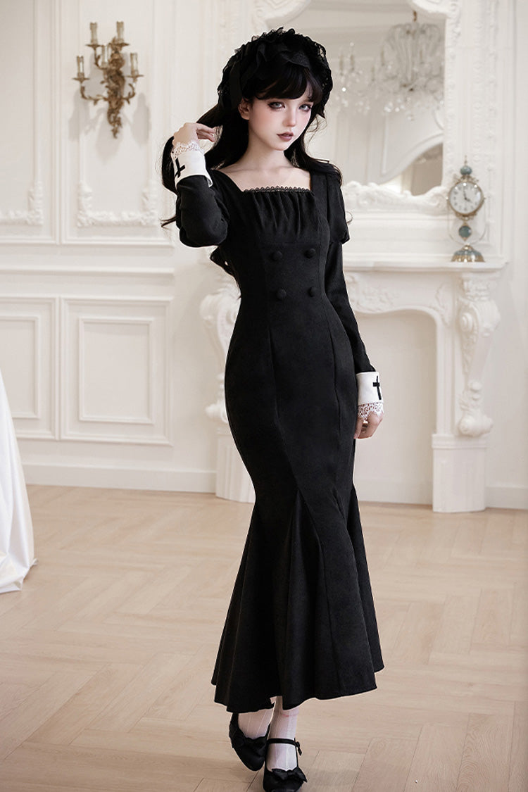 Black/White [Rose Doll] Square Collar Long Sleeves Bowknot Lace-Up Gothic Lolita Dress Set 2 Versions - Product - 16