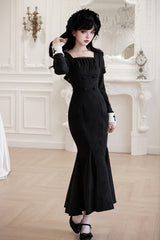 Black/White [Rose Doll] Square Collar Long Sleeves Bowknot Lace-Up Gothic Lolita Dress Set 2 Versions - Product - 16