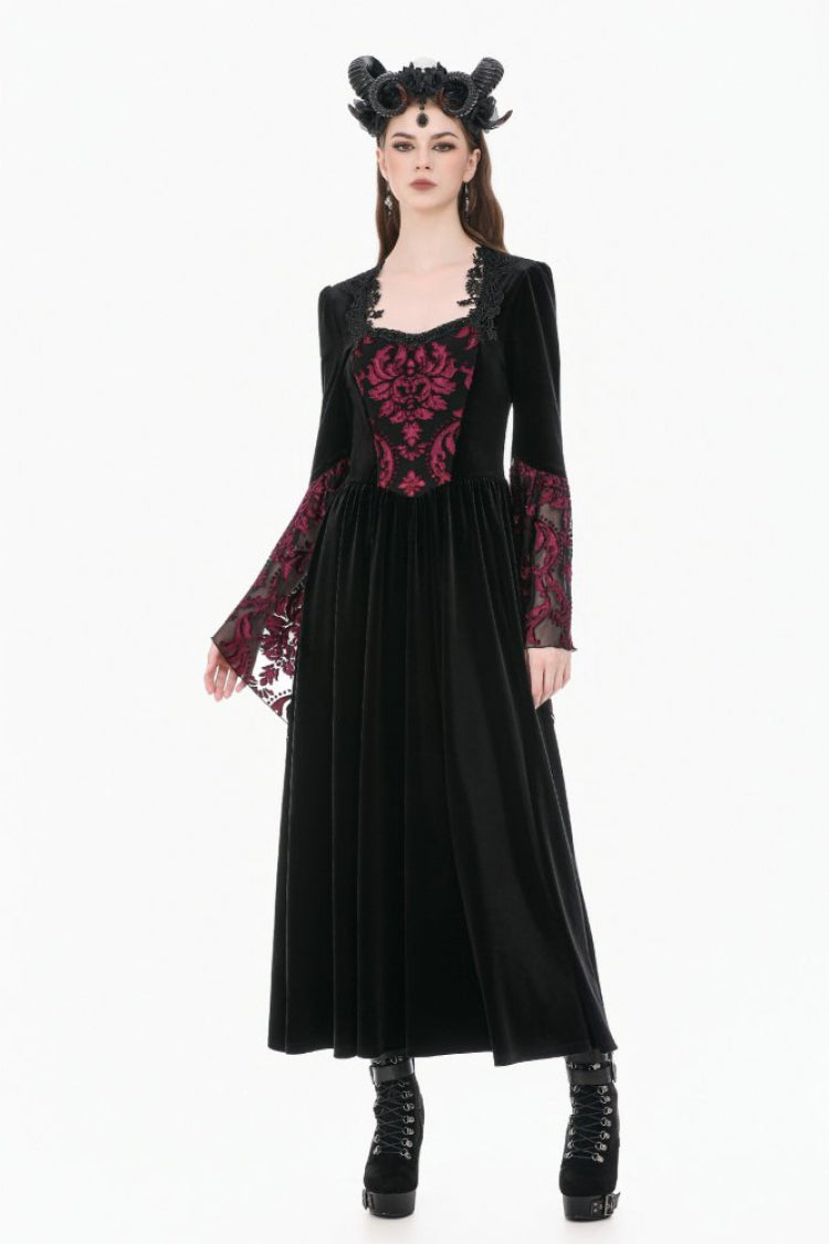 Black/Red Square Collar Long Flare Puff Sleeves Lace Women's Gothic Victorian Velvet Long Dress - Product - 6