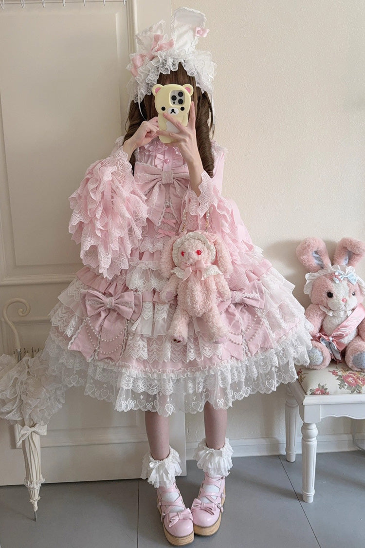 Pink [Knot of the Crossed Heart] Sleeveless Multi-Layered Ruffle Hanayome Cardigan Bowknot Lace Lace-Up Sweet Lolita Jsk Dress - Product - 4