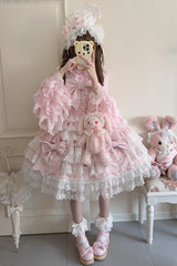 Pink [Knot of the Crossed Heart] Sleeveless Multi-Layered Ruffle Hanayome Cardigan Bowknot Lace Lace-Up Sweet Lolita Jsk Dress - Product - 4