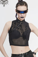 Black Stand Up Collar Sleeveless Flocked Printed Mesh Metal Women's Punk Vest - Product - 2
